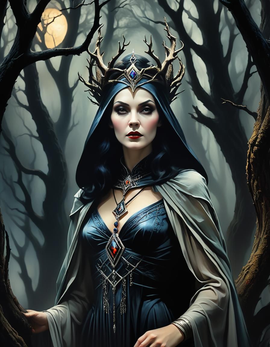 Occult Portrait of High Priestess in Pulp Horror Style