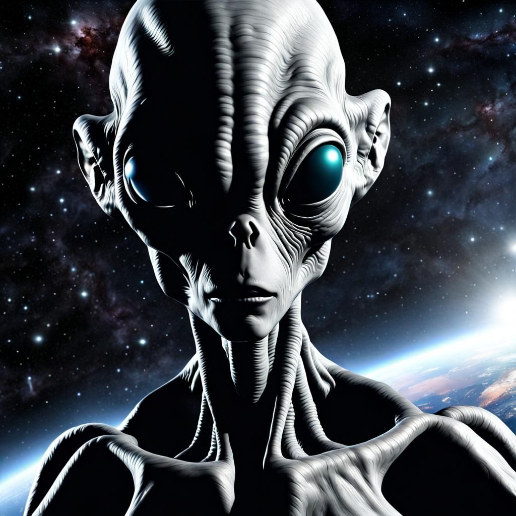 Grey Alien Drifting Silently in Outer Space