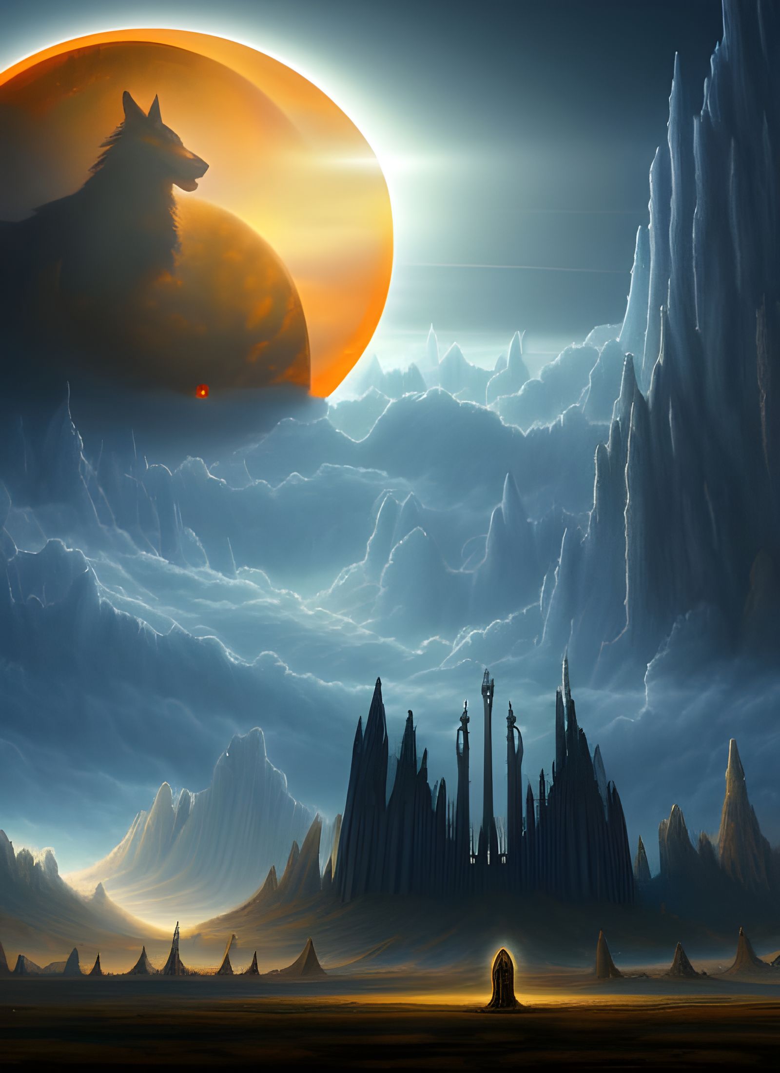 Fantasy Landscape with Space Wolf and Eclipse