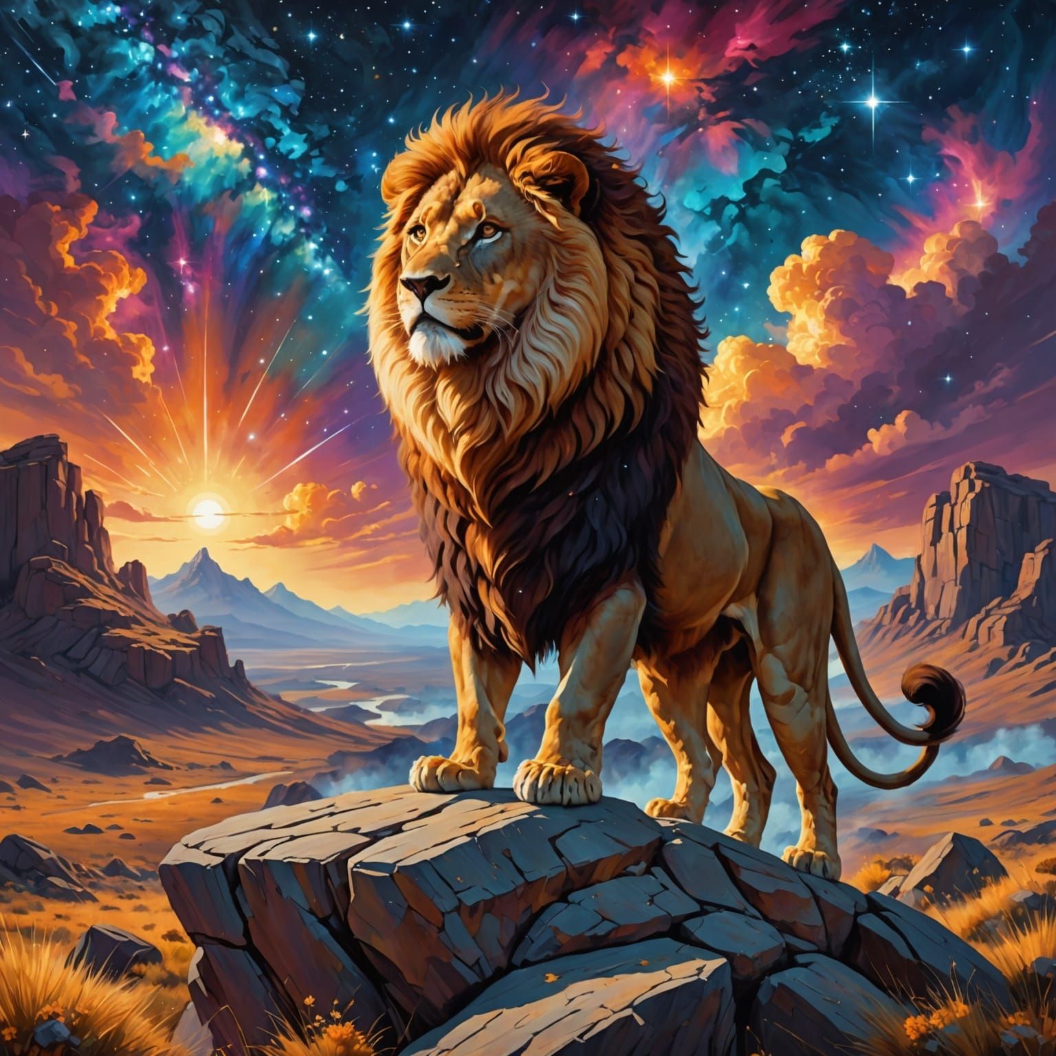Starlight Lion Overlooking Cosmic Savannah as Oil Painting