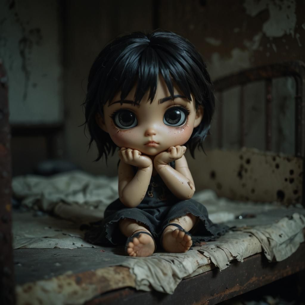 Sad Chibi Doll in Dilapidated Urbex Scene