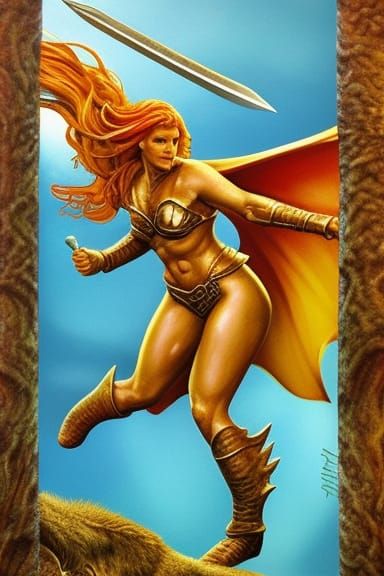 Hyper realistic posing red Sonja with flawless ratios and facial beauty back lit by the full moon in sci fi city