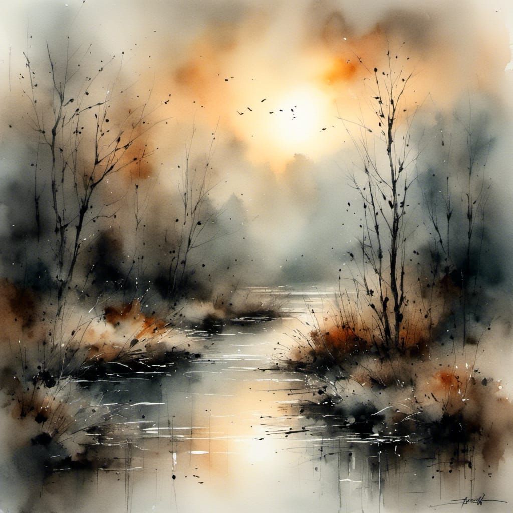 Misty Sunrise Stream in Watercolor Style