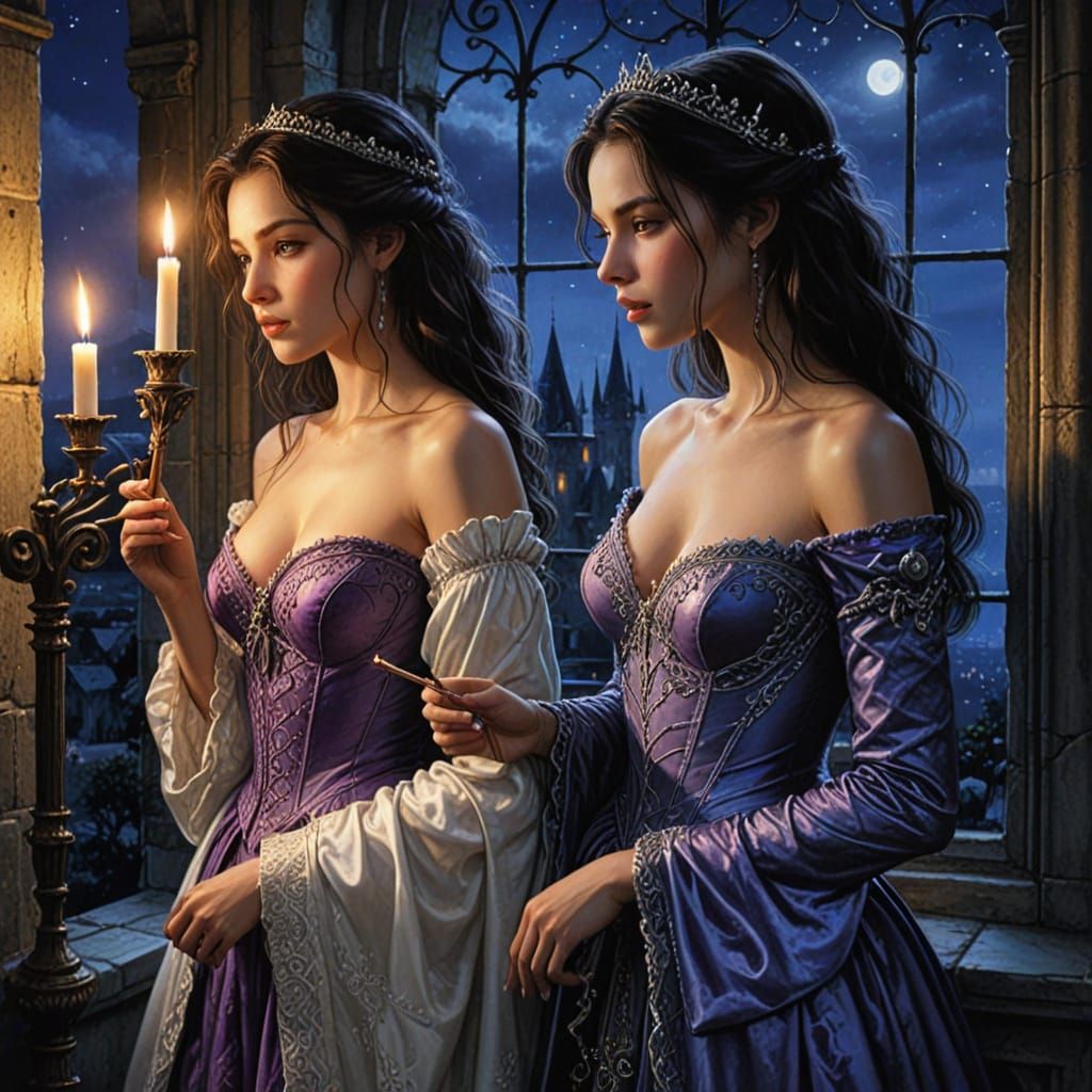 Fantasy Princesses with Candles by Castle Window