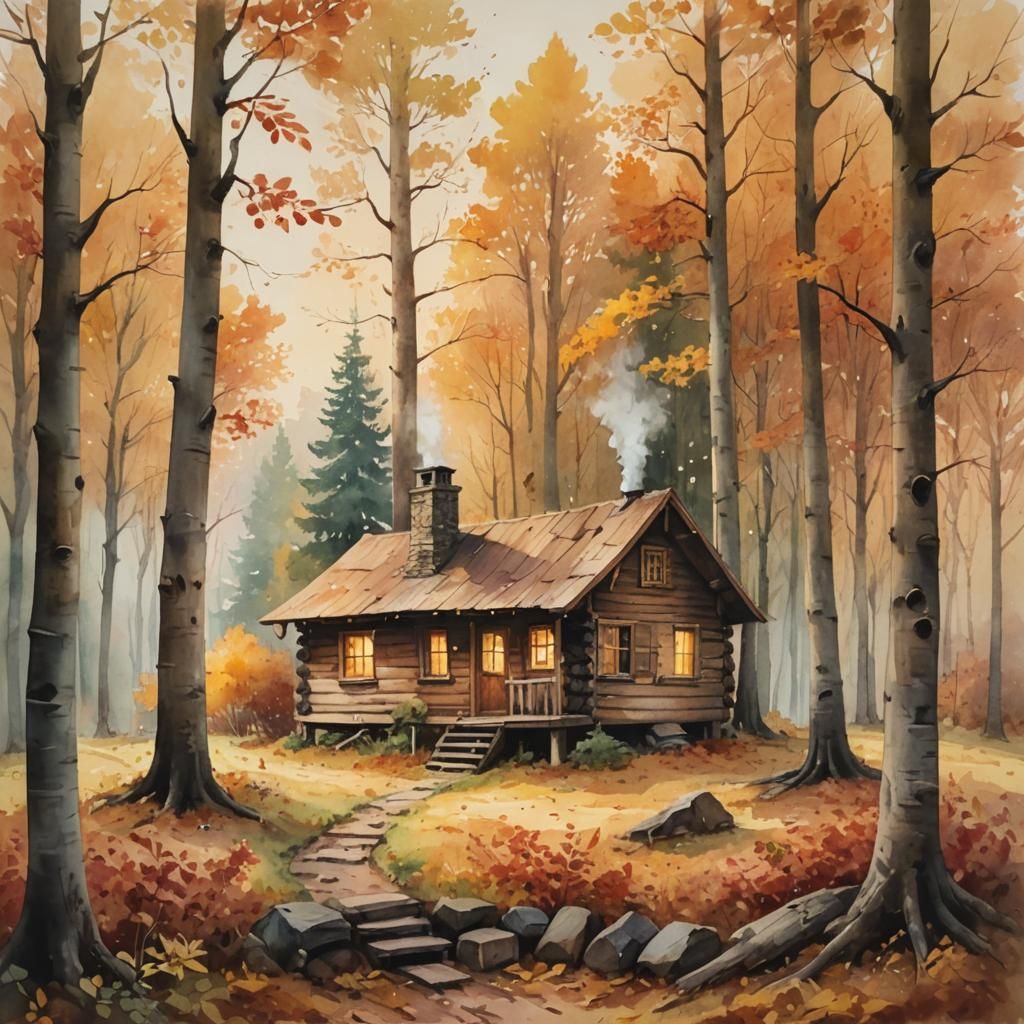 Cozy Cabin in Autumn Woods: Whimsical Watercolor Landscape