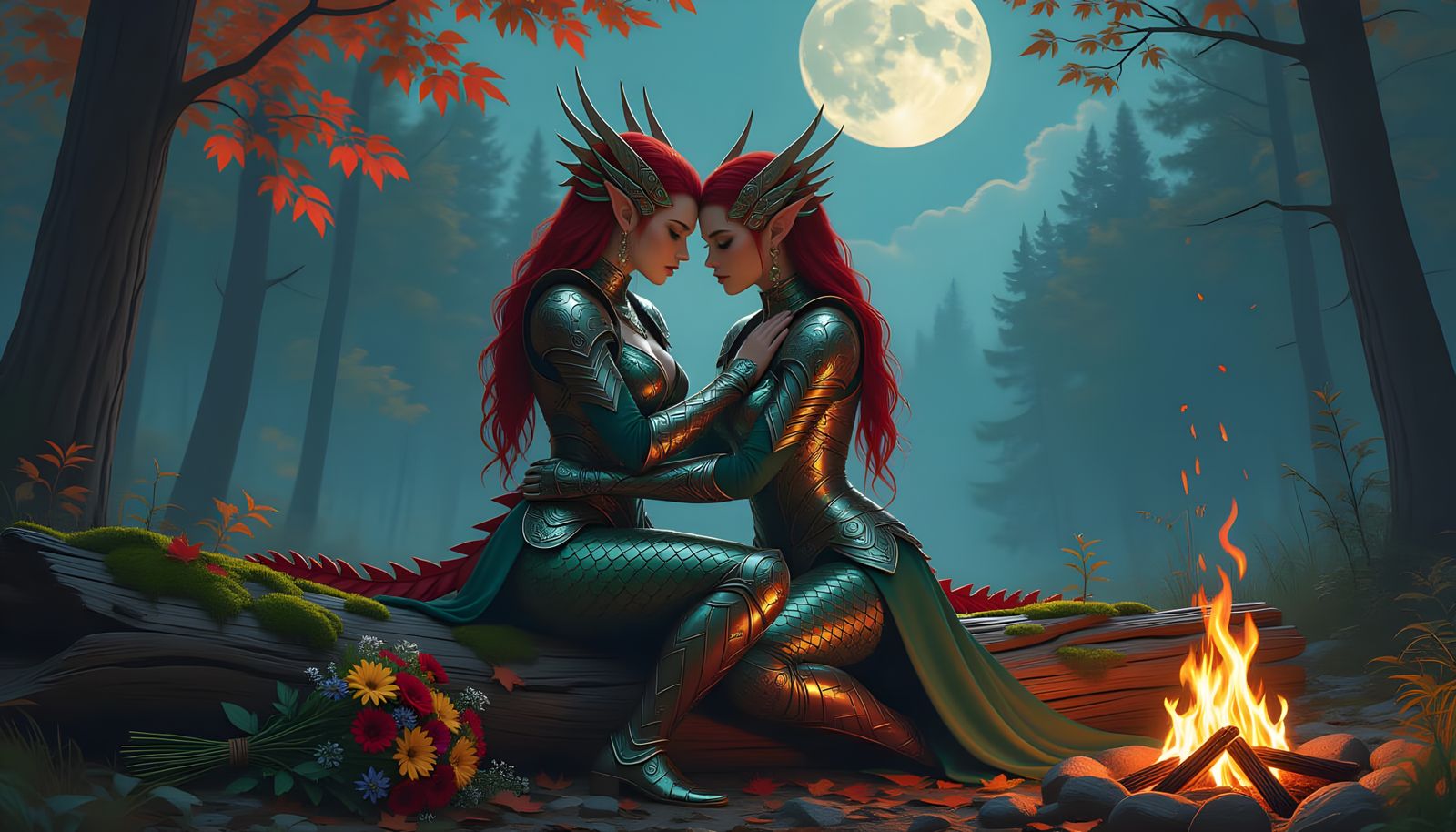 Dragon-Born Embrace Under Autumn Moon in Sci-Fi Style