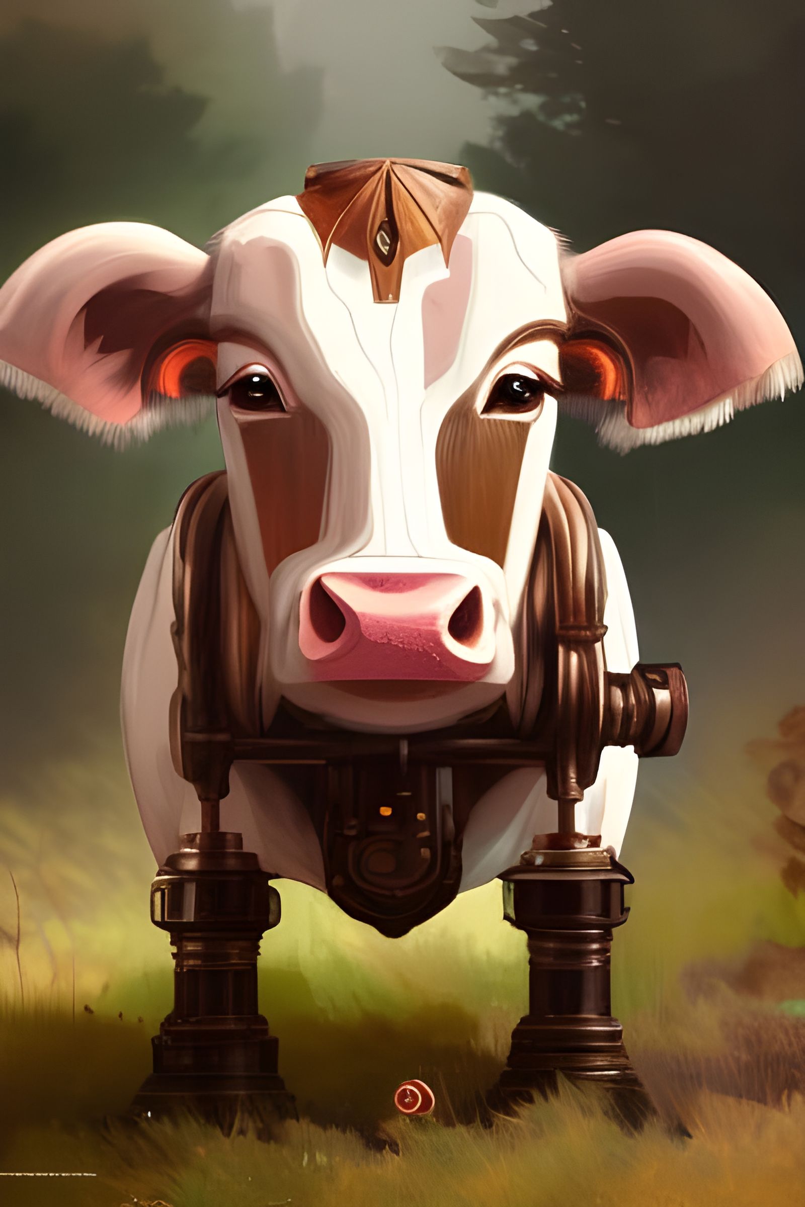 A very cute steam punk cow robot grazing in a forest