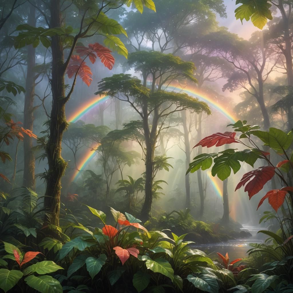 Majestic Rainbow in Misty Sky: Atmospheric Digital Art