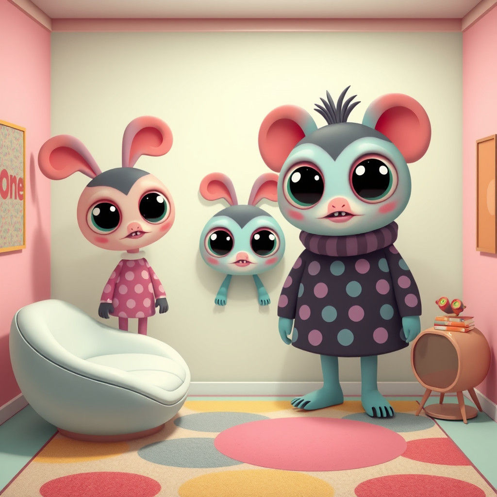 Dreamlike Cartoon Creatures in Retro-Futuristic Room