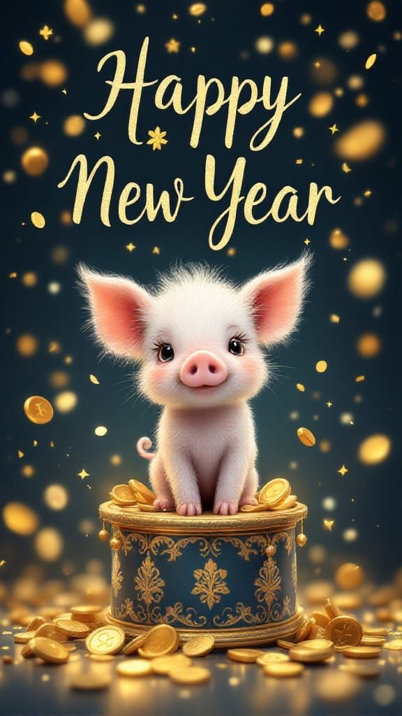 Whimsical New Year Piglet Celebrates with Lucky Charms and C...