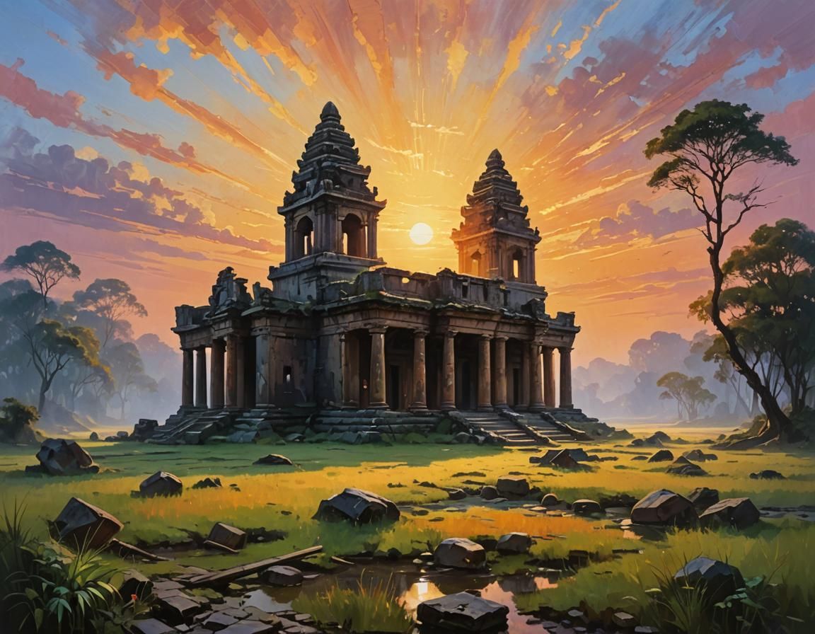 Sunrise Over Abandoned Temple: Fantasy Impressionism