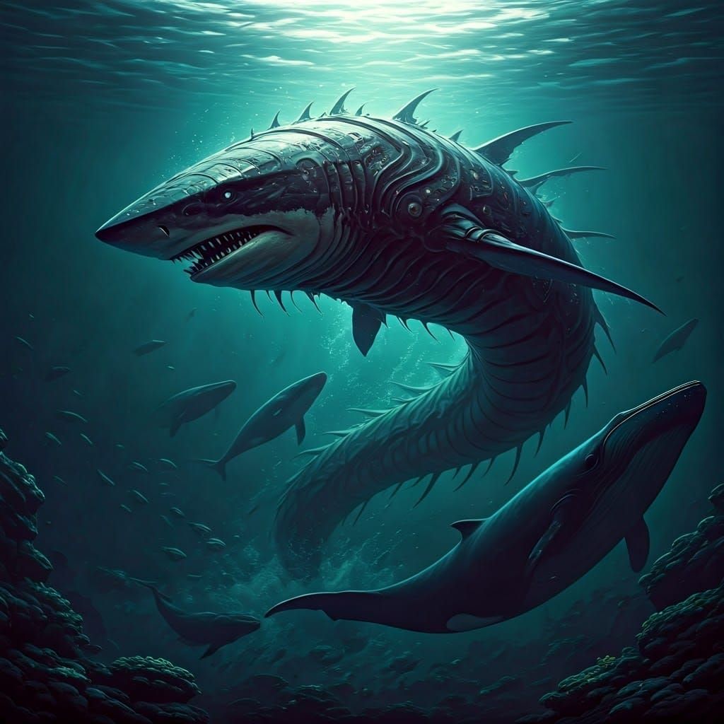 Biomechanical Pinhead-Megalodon Chases Whales in Eldritch Ho...