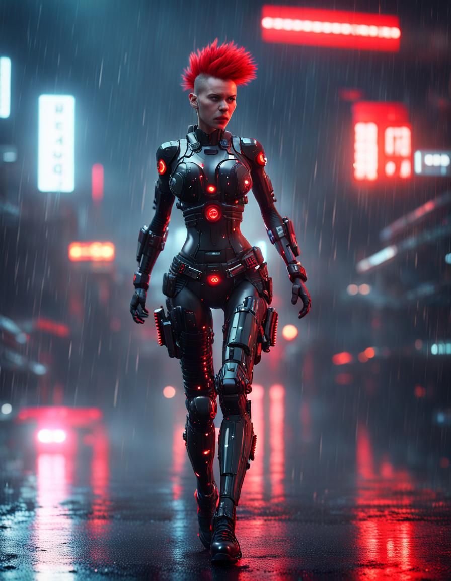 Cyberpunk Girl Runs in Rainy Futuristic City