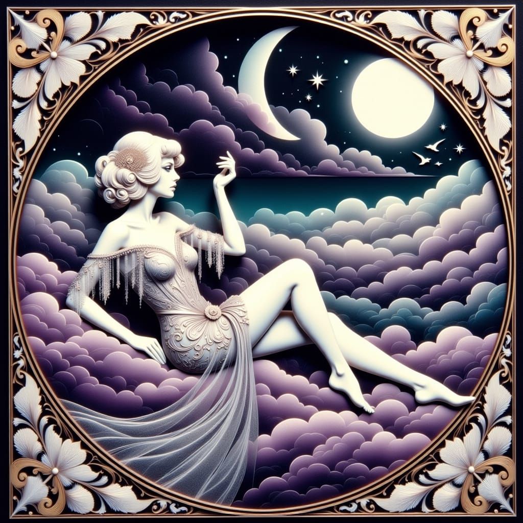 Ethereal Art Deco Goddess on Celestial Clouds