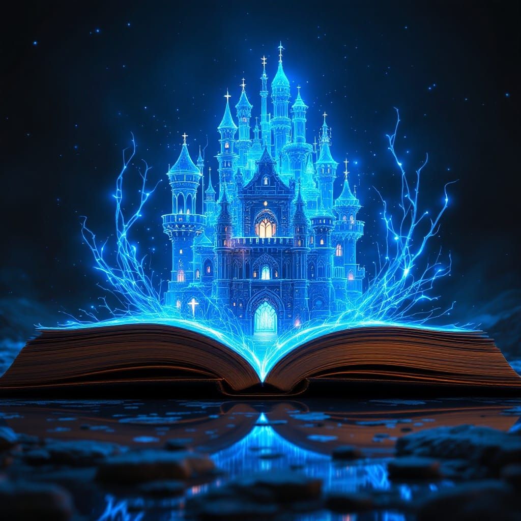 Cyberpunk Fairy Tale Castle Emerges from Open Holographic Bo...