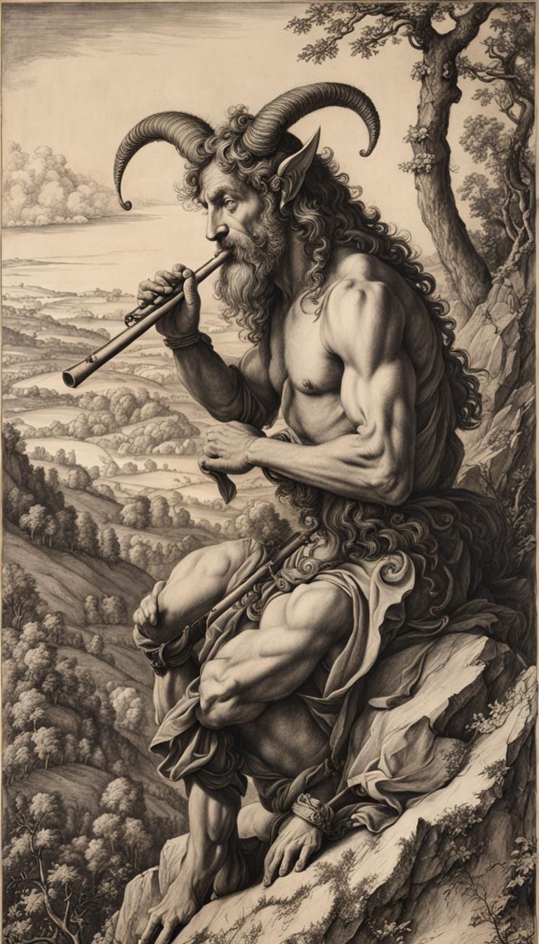 Satyr Playing Flute: Hyperdetailed Charcoal Drawing