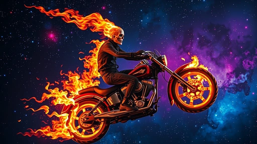 Ghost Rider Flaming Skeleton Soaring Through the Cosmos