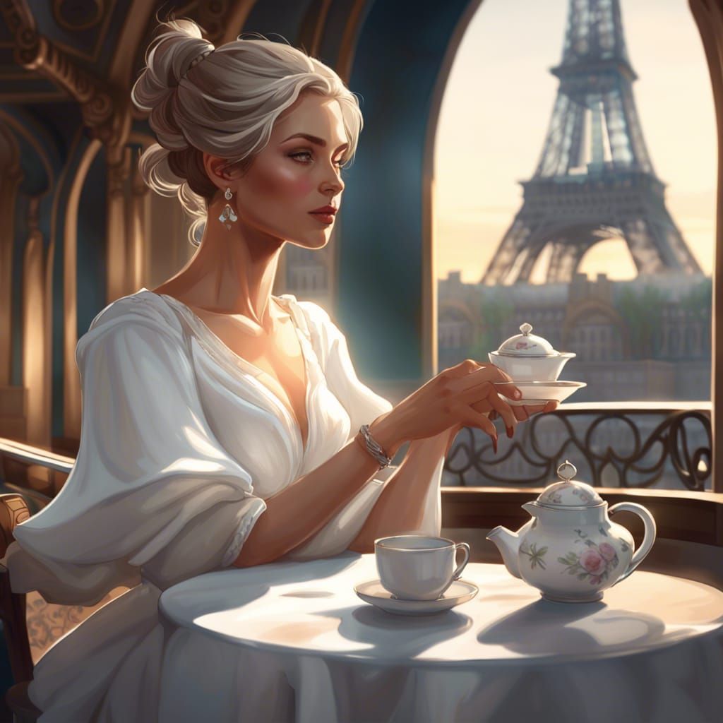 Woman in White Dress Drinking Tea in Paris