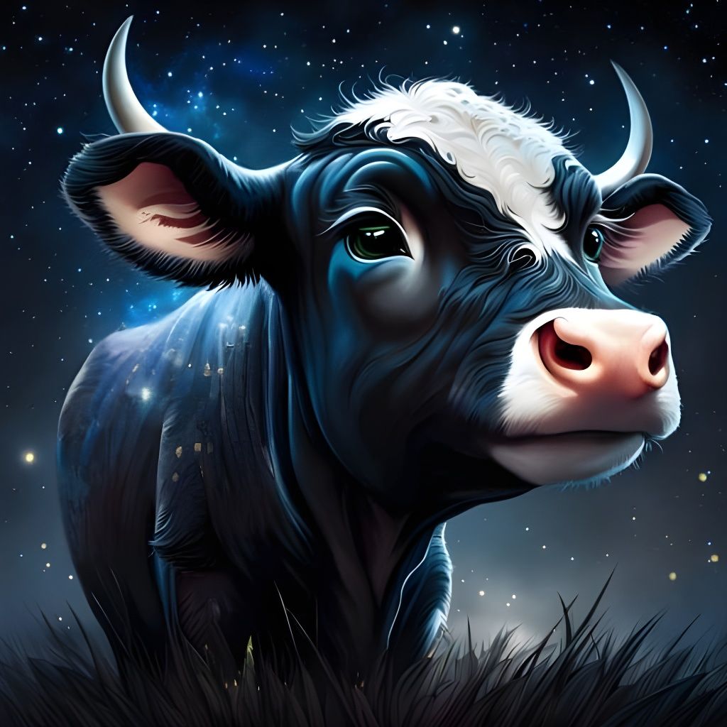 Chibi Cow with Starry Night Sky Background