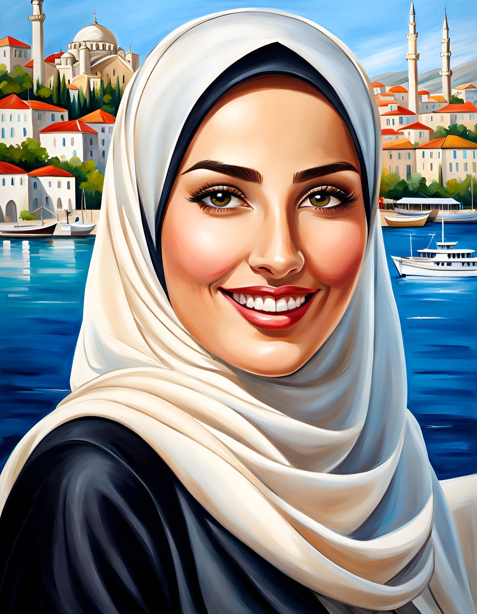Elegant Hijabi Woman Smiling in Coastal City, Oil Painting