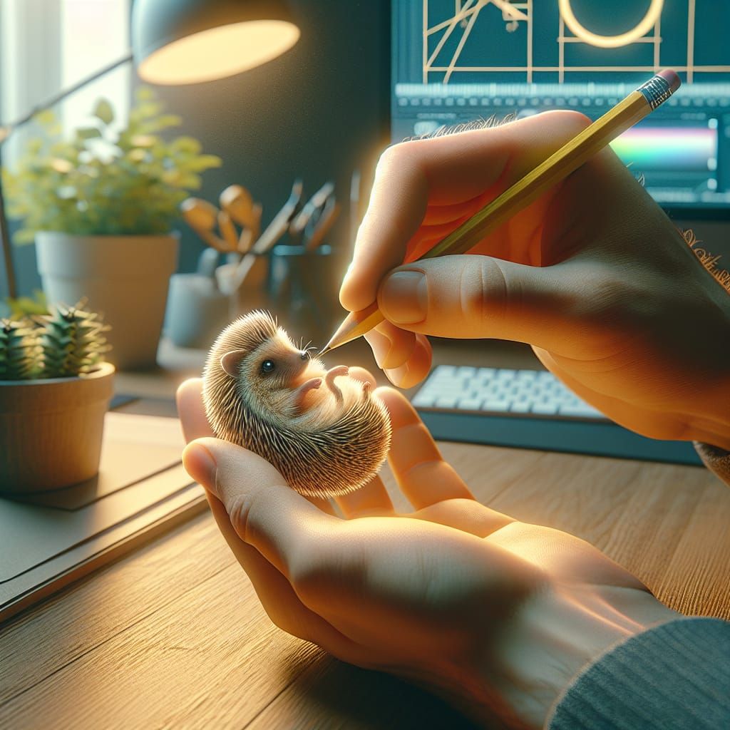 Miniature Hedgehog Held with Care: 16k Illustration