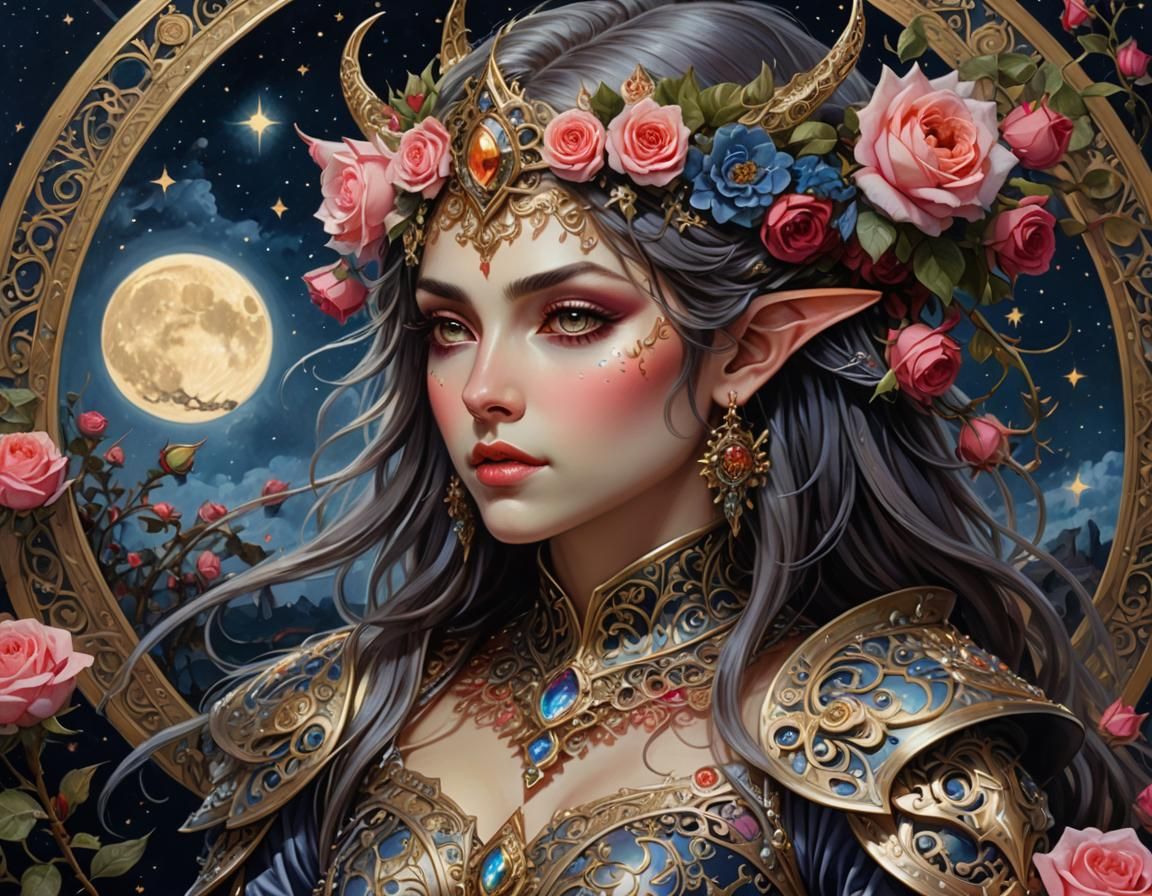 Night Elf Princess Portrait in Art Nouveau Style