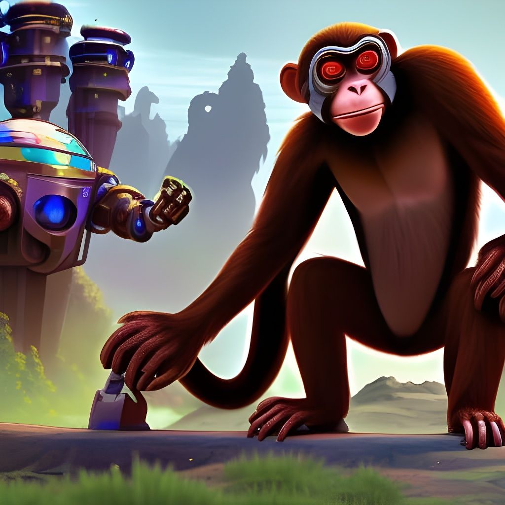 Robot Monkey Chatbot: Detailed Matte Painting