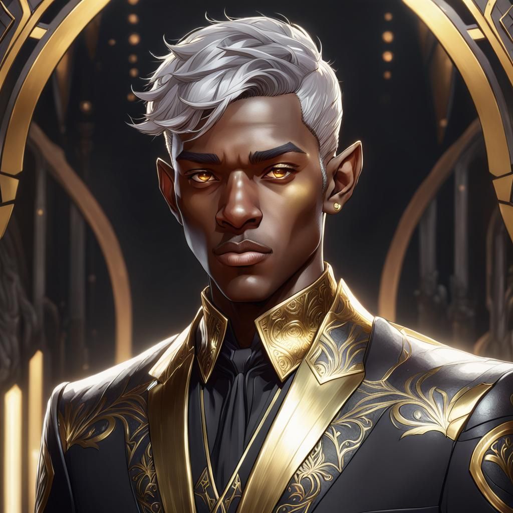 Teen Elf in Black and Gold Suit: Hyperdetailed Portrait