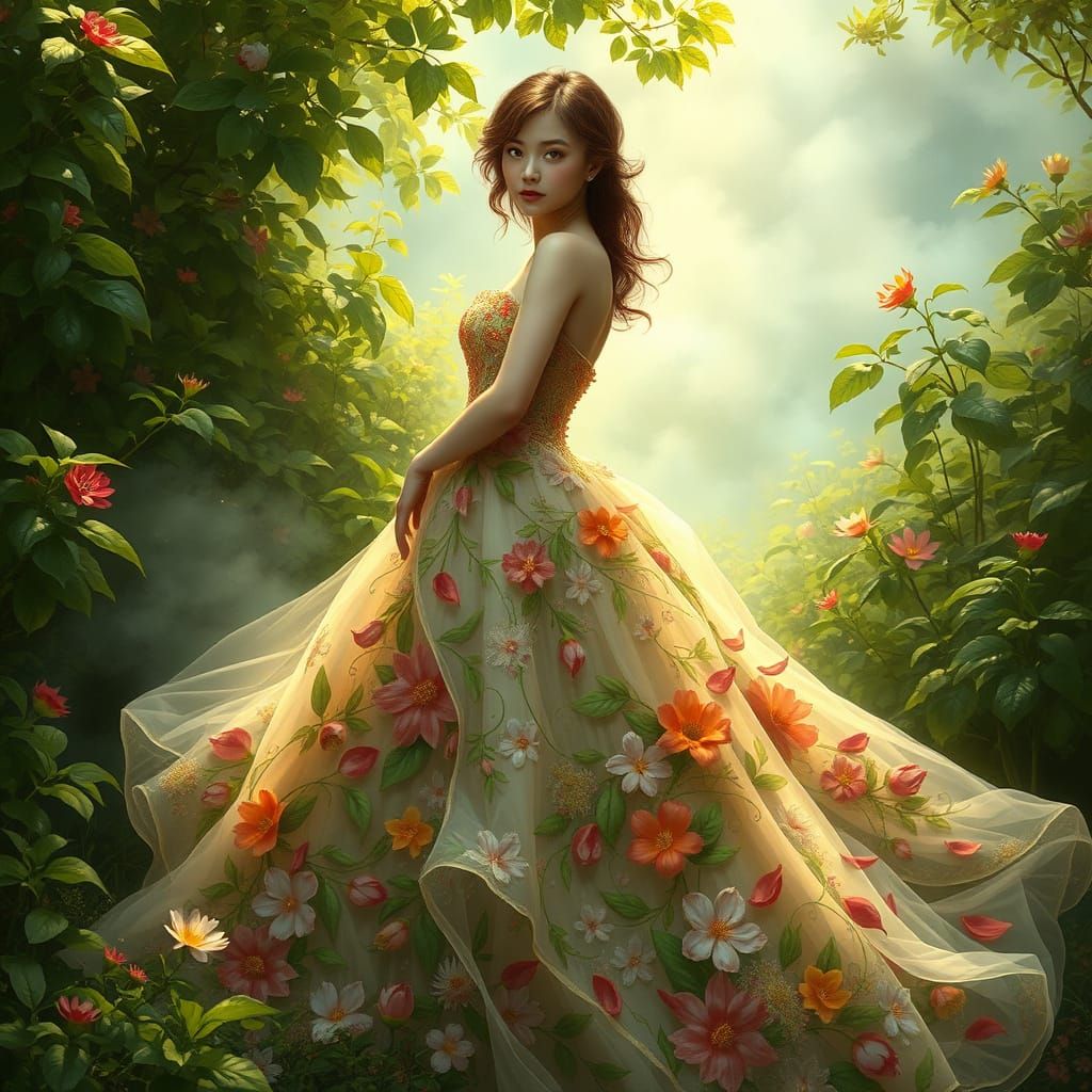 a young woman posing in a nature-inspired dress adorned with...