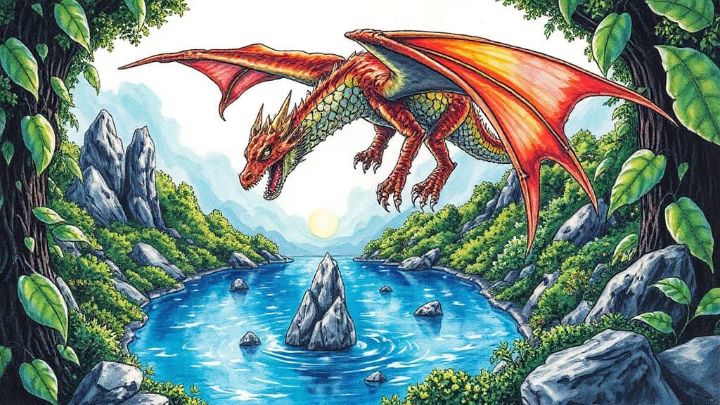 Dragon Soars Above Heart-Shaped Crystal Lake in Vibrant Mark...