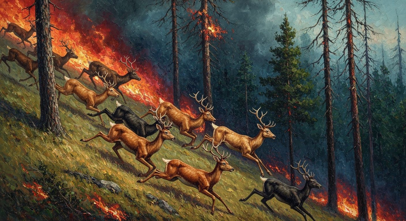Deer Fleeing Forest Fire: Post-Impressionistic Oil Painting