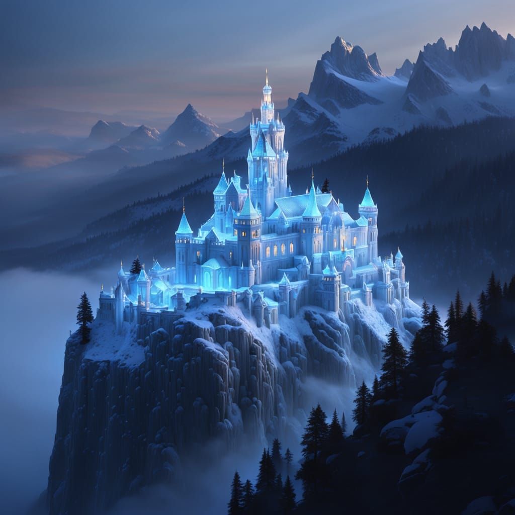 Ominous Ice Palace on Mountaintop in Painterly Style
