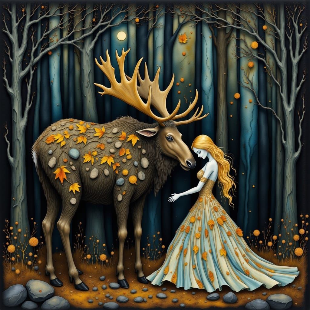 Ethereal Woman Embraces Majestic Moose in Art Nouveau Style