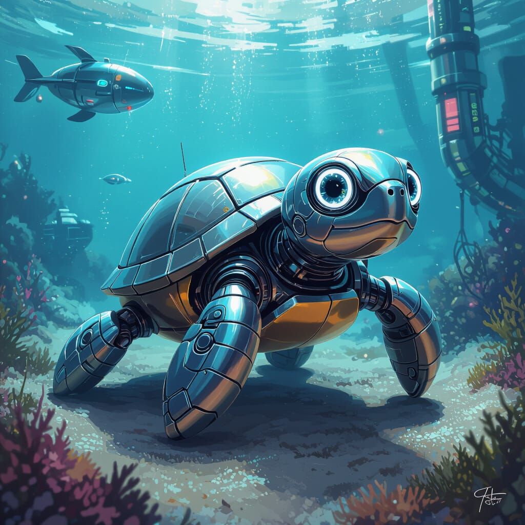 Futuristic Baby Robot Turtle in Underwater Scene