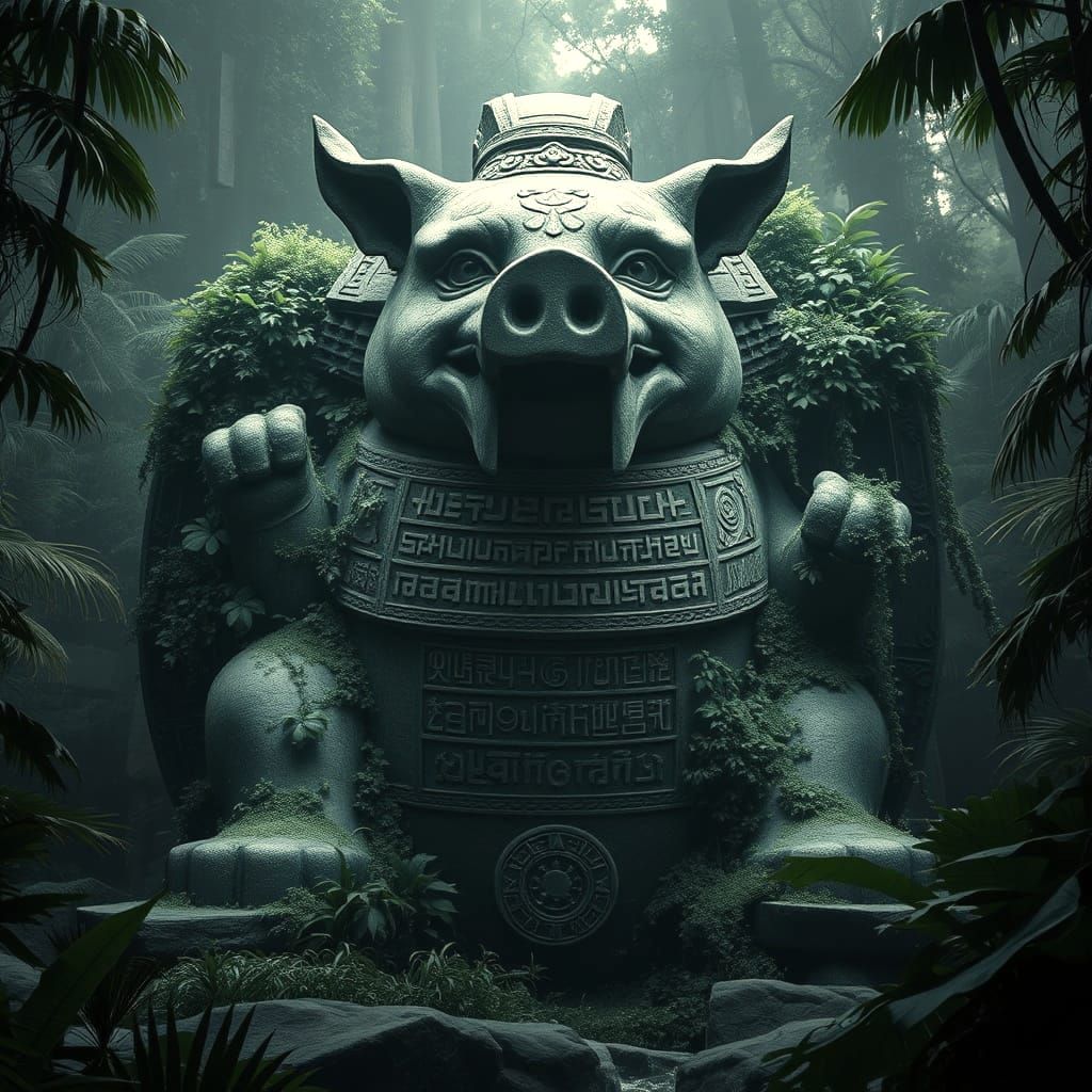 Stone Pig God Statue in Lush Jungle