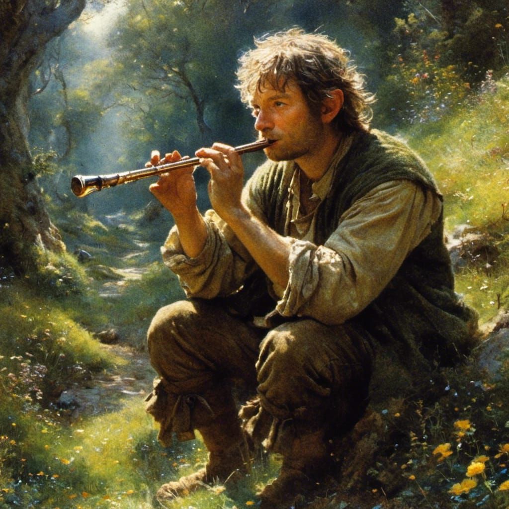 Hobbit Playing Flute in Light Fantasy Setting