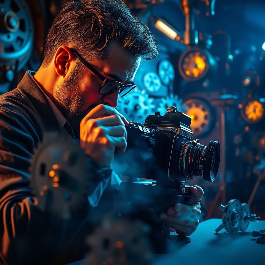 Steampunk Photographer in Surreal Studio, Art Nouveau Style