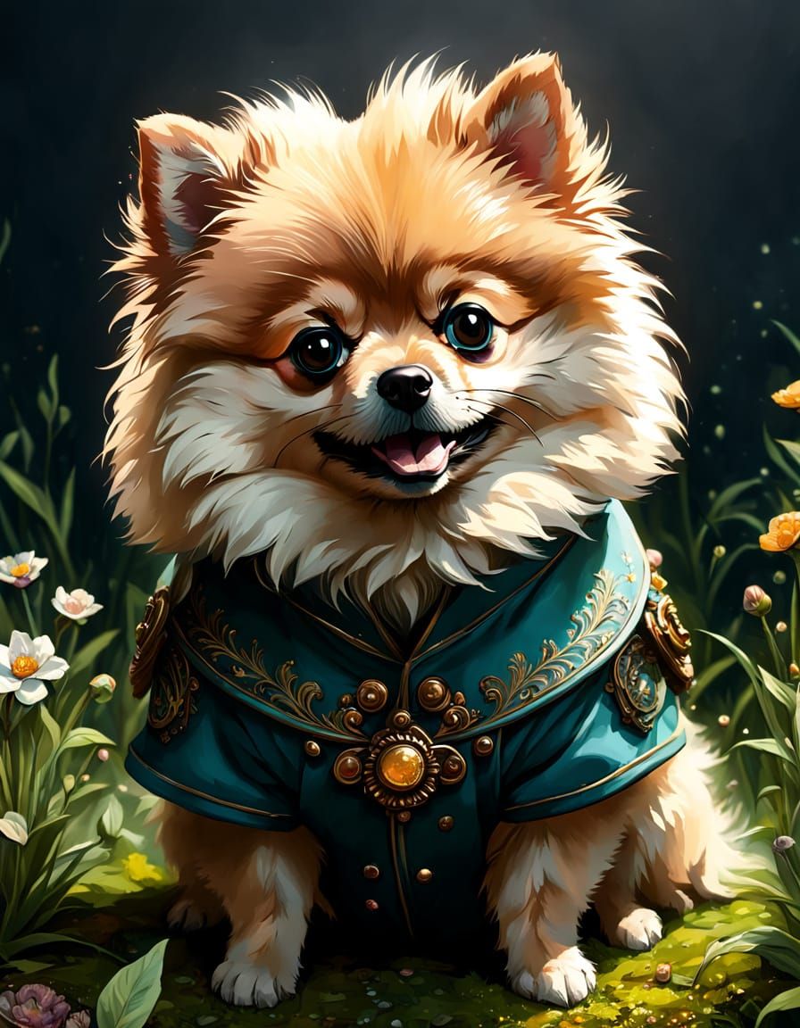 Adorable Honey-Colored Pomeranian in Vibrant Floral Spring S...