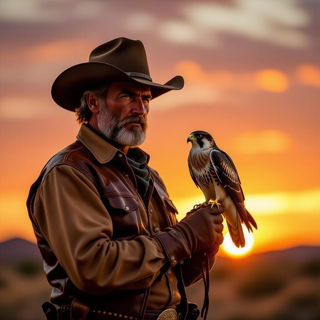 Lone Cowboy with Falcon in Old West Sunset