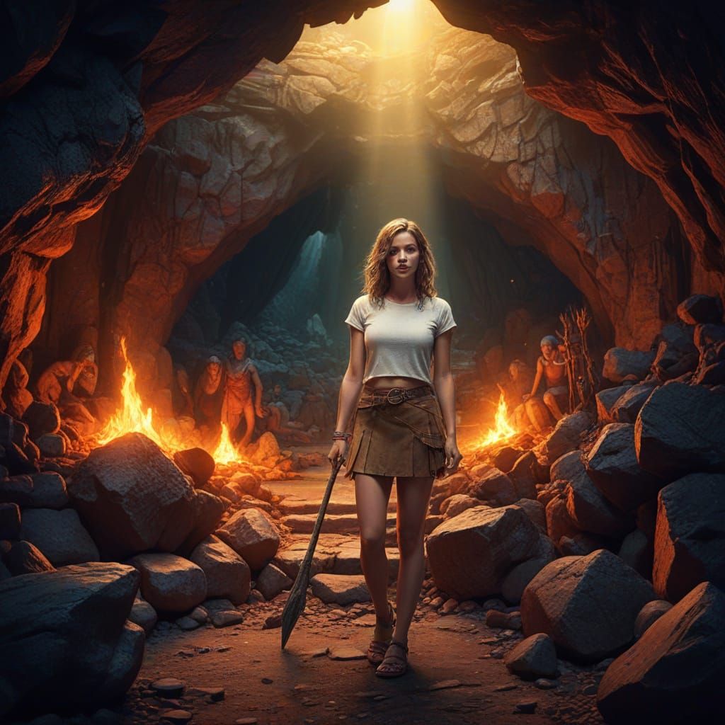Girl Posing with Cavemen: Vibrant Concept Art