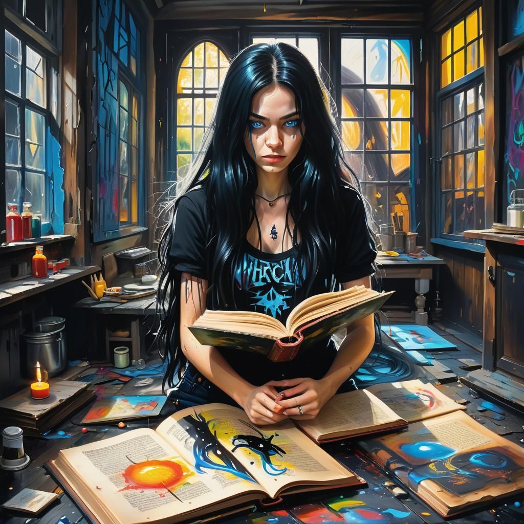 Colorful Graffiti Art Portrait of Woman Reading