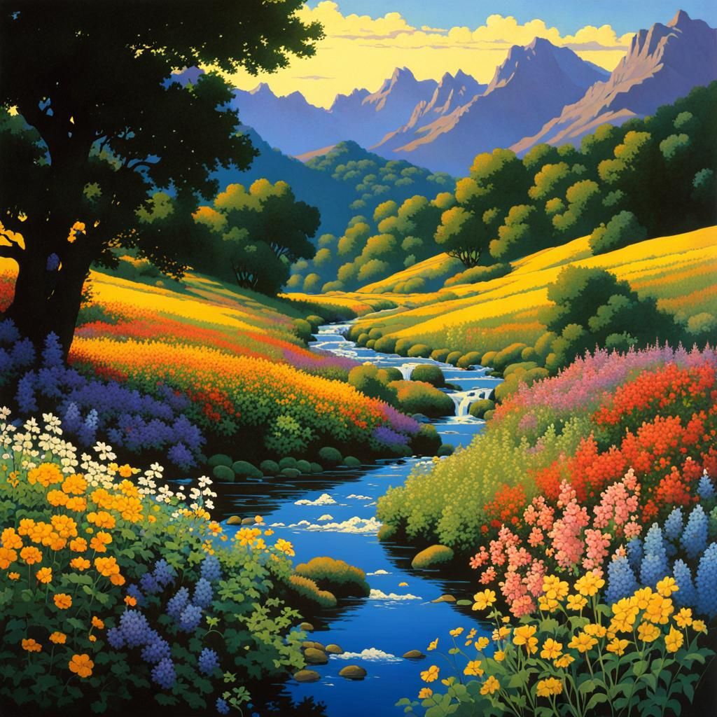 Wildflower Stream Landscape in Parrish Anime Style