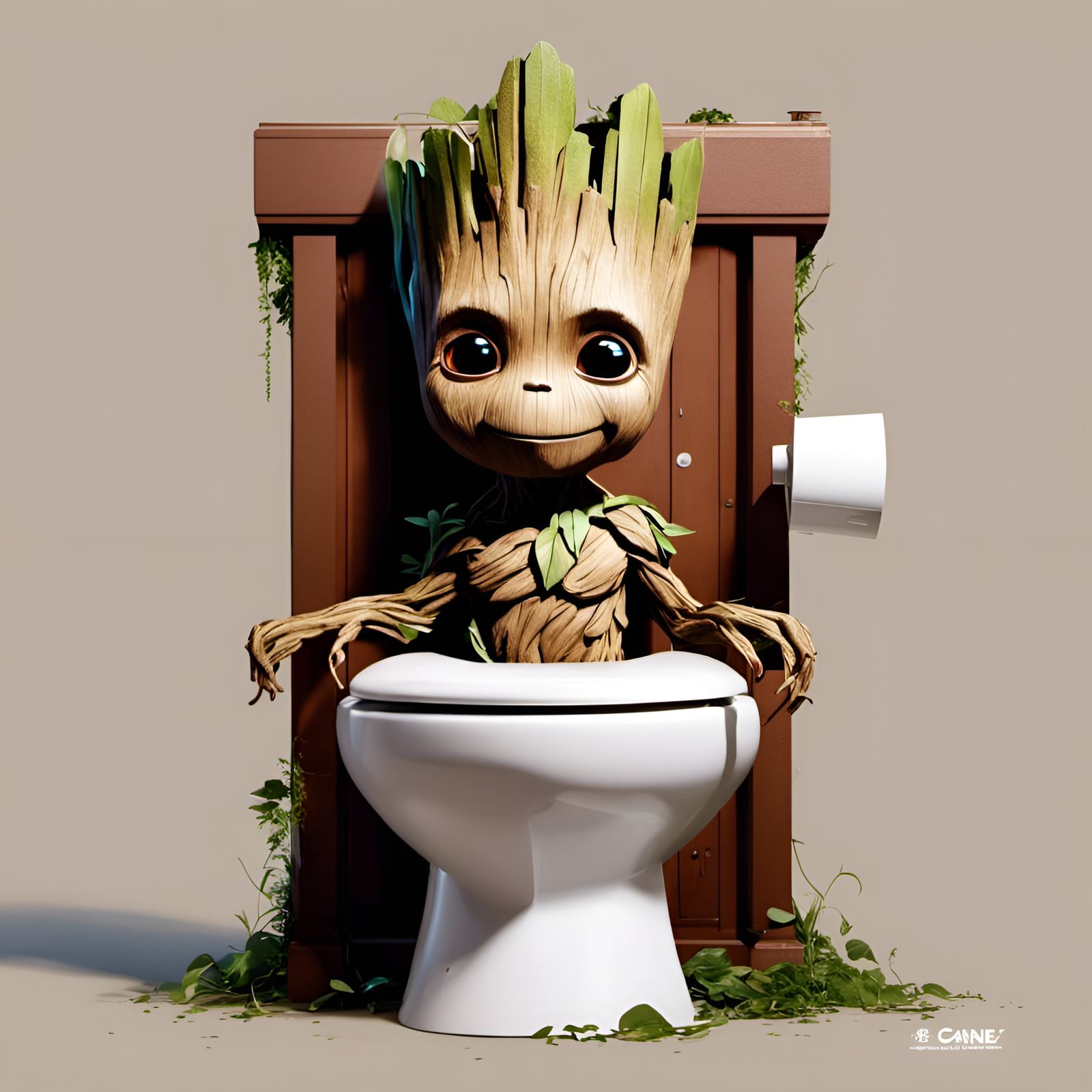 Adorable Groot Portrait Near a Toilet