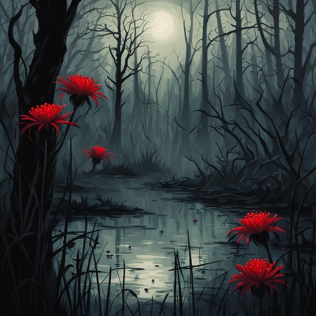 Sinister Swamp: Red Flowers in a Dark Landscape