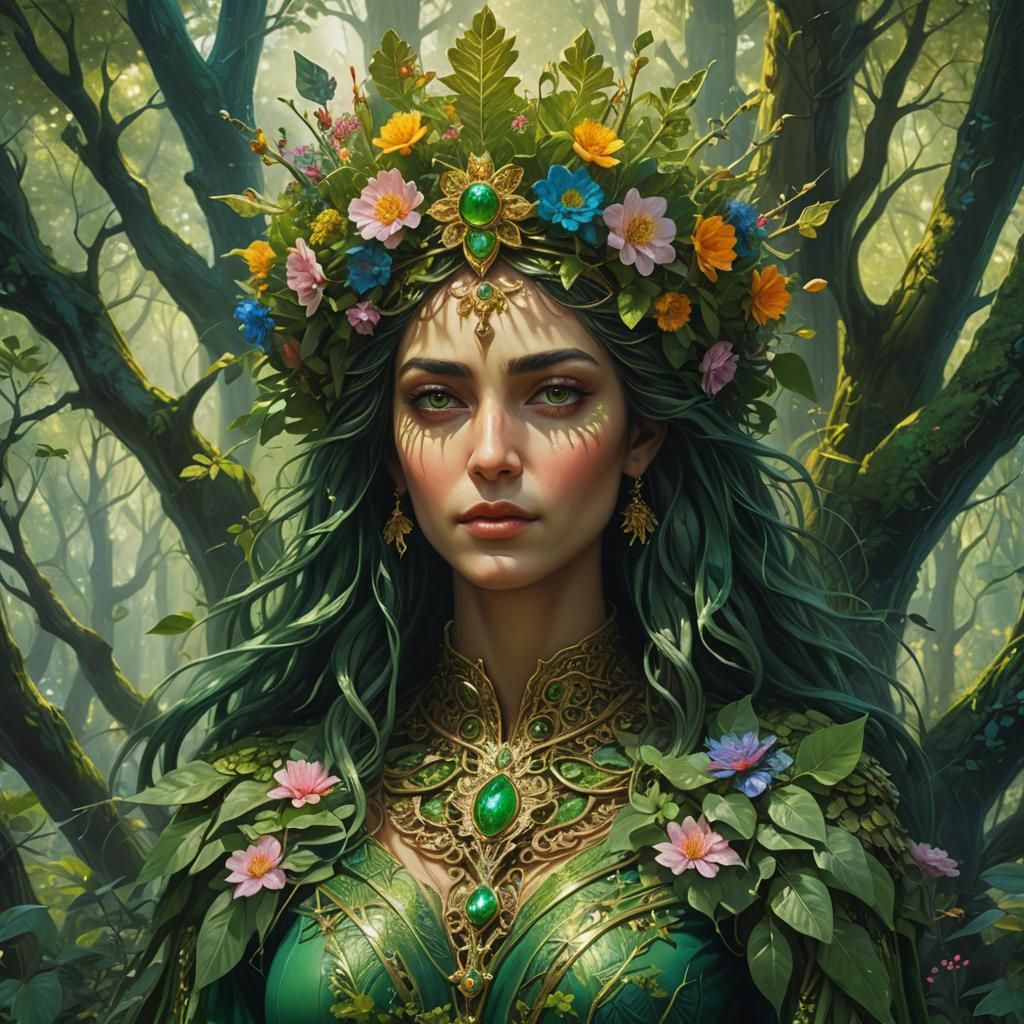 Iranian Vegetation Goddess Ameretat in Surreal Forest