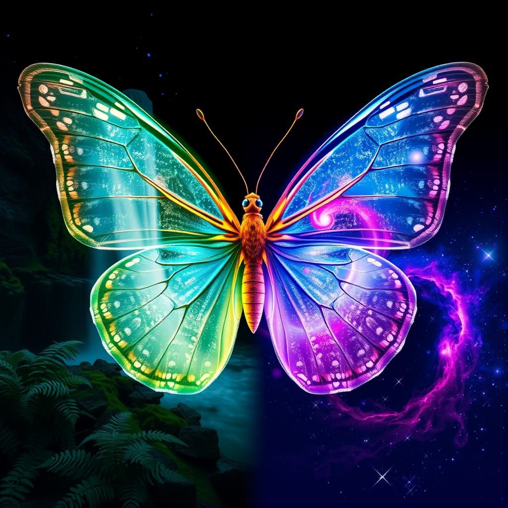 Ethereal Fluorescent Butterfly with Waterfall and Galaxy Win...
