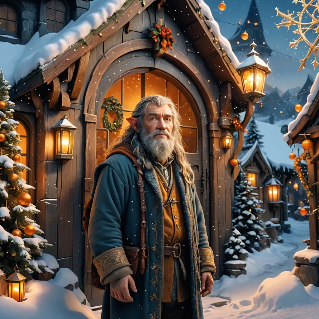 Festive Hobbit Christmas Village in Digital Art Style