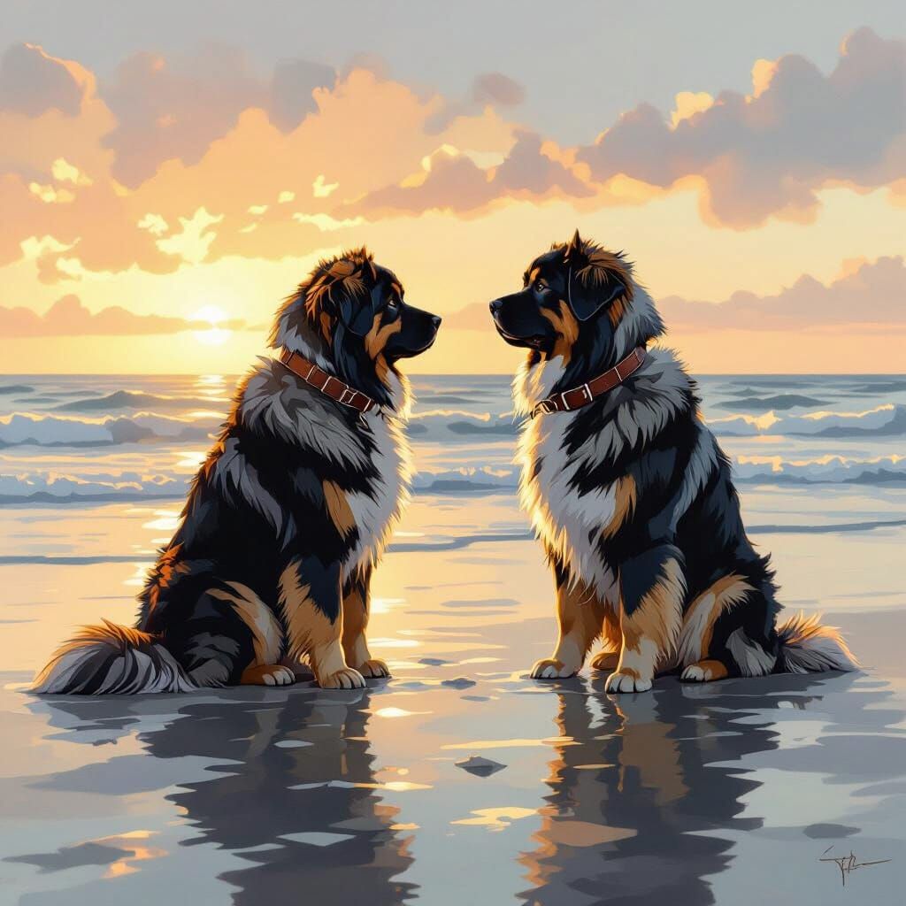 Tibetan Mastiff Gazes at Ocean Horizon, Reflection on Sand