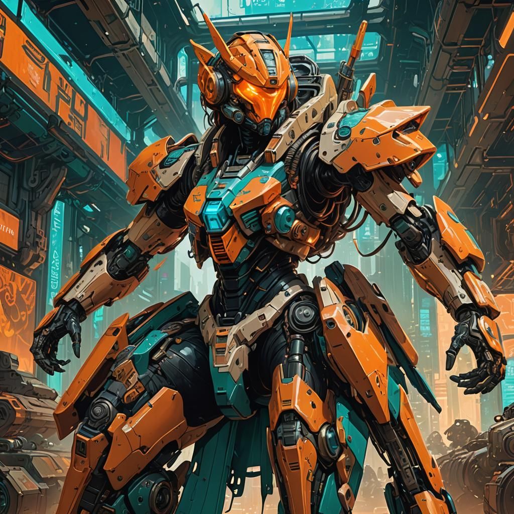 Triumphant Mech Pilot in Cyberpunk Style