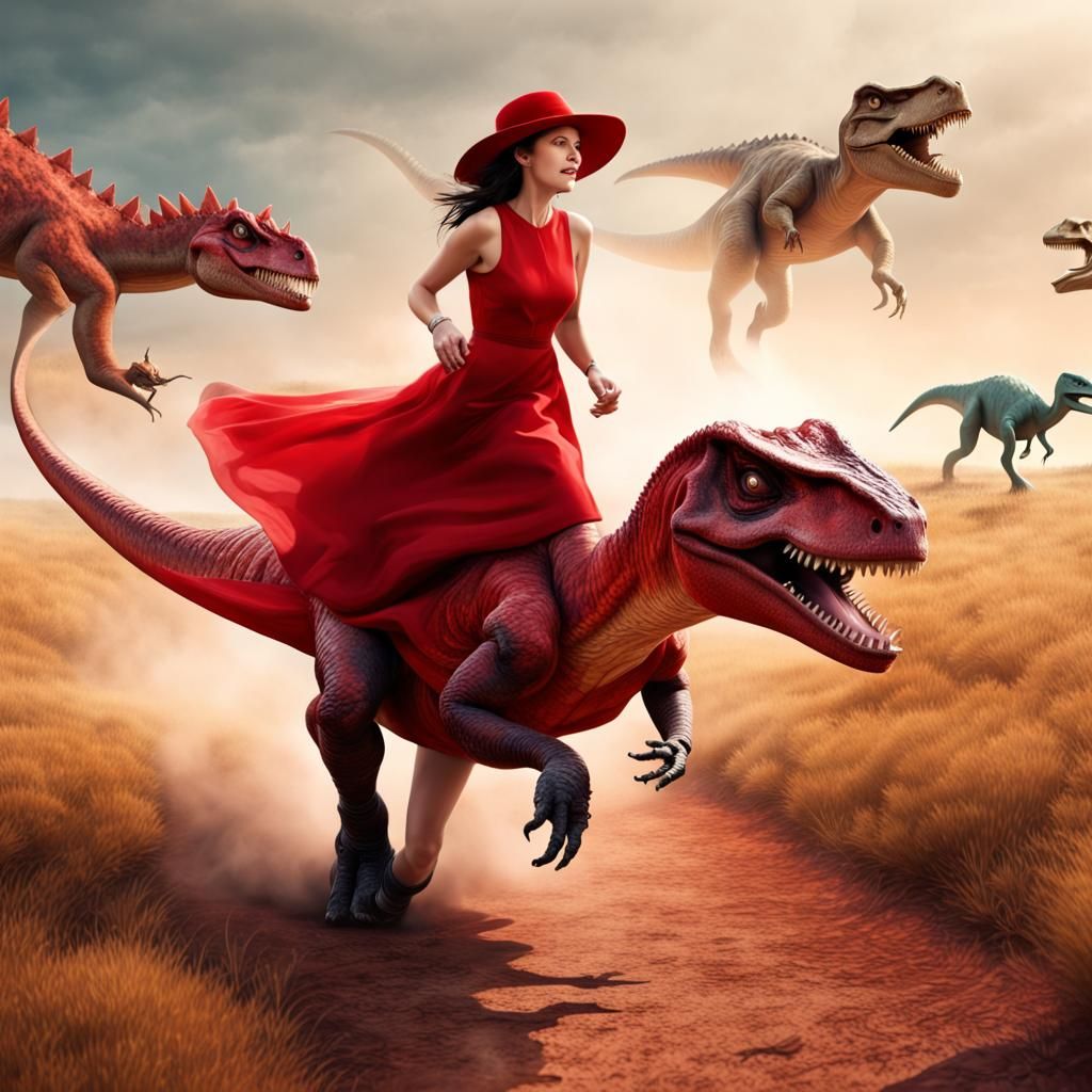 Woman Rides Dinosaur Through Steppe in Surreal Photo
